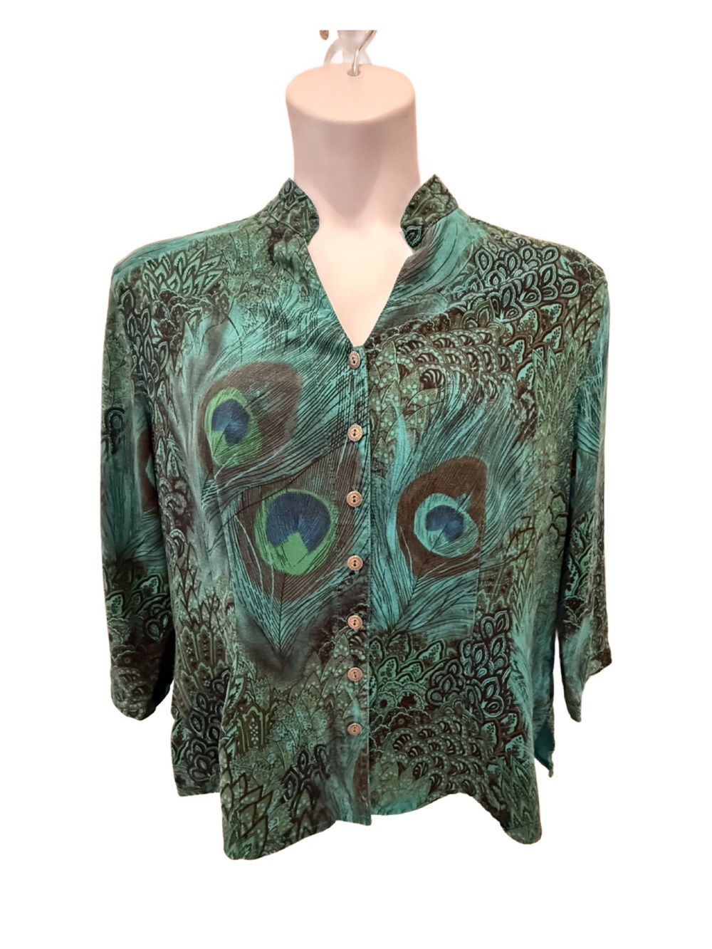 Tianello Peacock Feather Button-Front Blouse in Teal and Green. Large